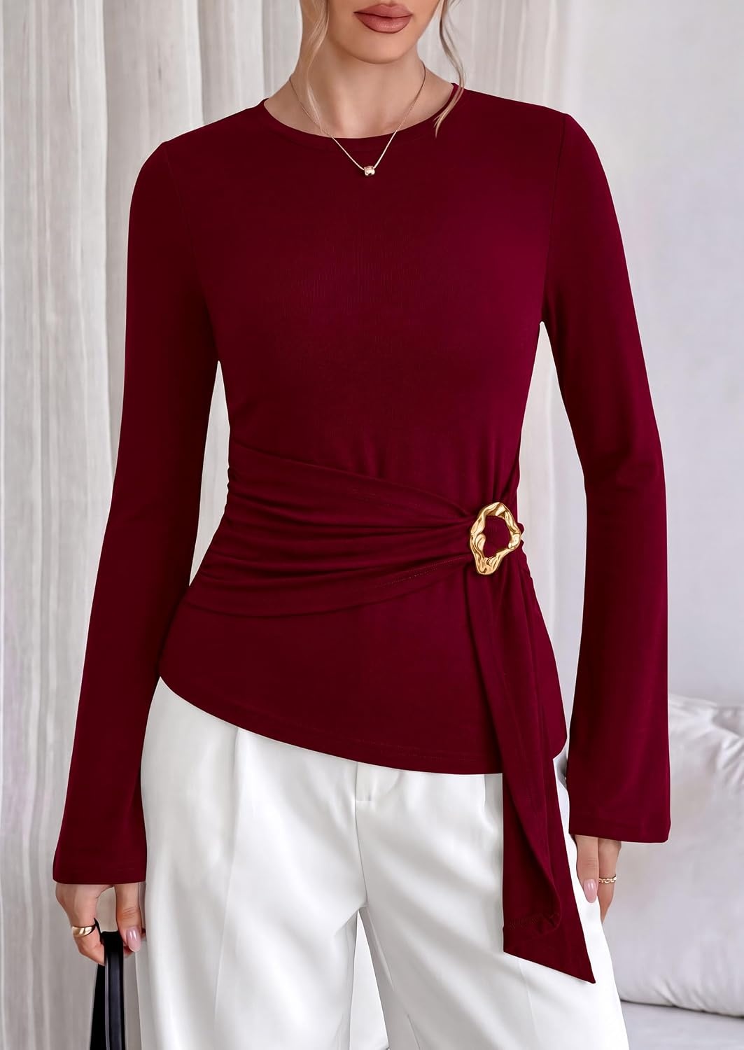 image:imagePRETTYGARDEN Long Sleeve Shirts for Women Asymmetricall Tops Dressy Casual Blouses Slim Fit Waist Tie Ruched Top Soft Stretchy Going Out Work Office Outfit 2026 Fall Fashion ClothesBurgundy