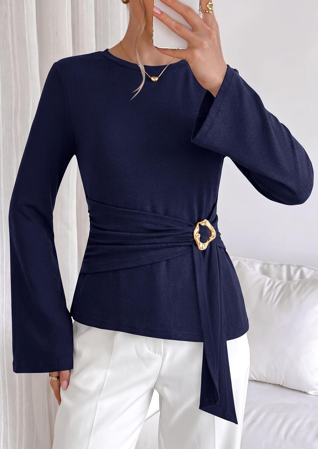 image:imagePRETTYGARDEN Long Sleeve Shirts for Women Asymmetricall Tops Dressy Casual Blouses Slim Fit Waist Tie Ruched Top Soft Stretchy Going Out Work Office Outfit 2026 Fall Fashion ClothesNavy Blue