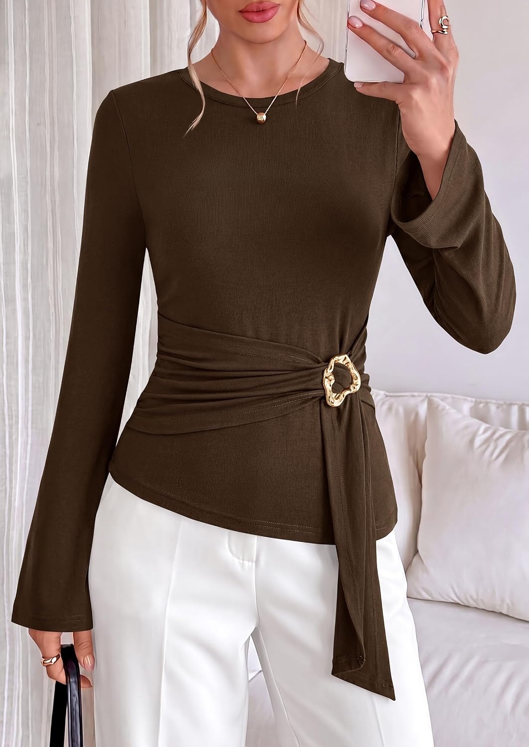 image:imagePRETTYGARDEN Long Sleeve Shirts for Women Asymmetricall Tops Dressy Casual Blouses Slim Fit Waist Tie Ruched Top Soft Stretchy Going Out Work Office Outfit 2026 Fall Fashion ClothesBrown