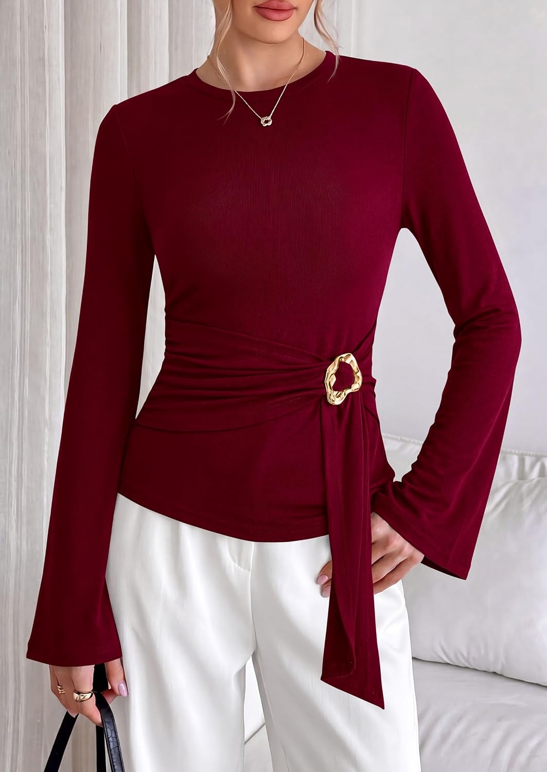 image:imagePRETTYGARDEN Long Sleeve Shirts for Women Asymmetricall Tops Dressy Casual Blouses Slim Fit Waist Tie Ruched Top Soft Stretchy Going Out Work Office Outfit 2026 Fall Fashion ClothesBurgundy