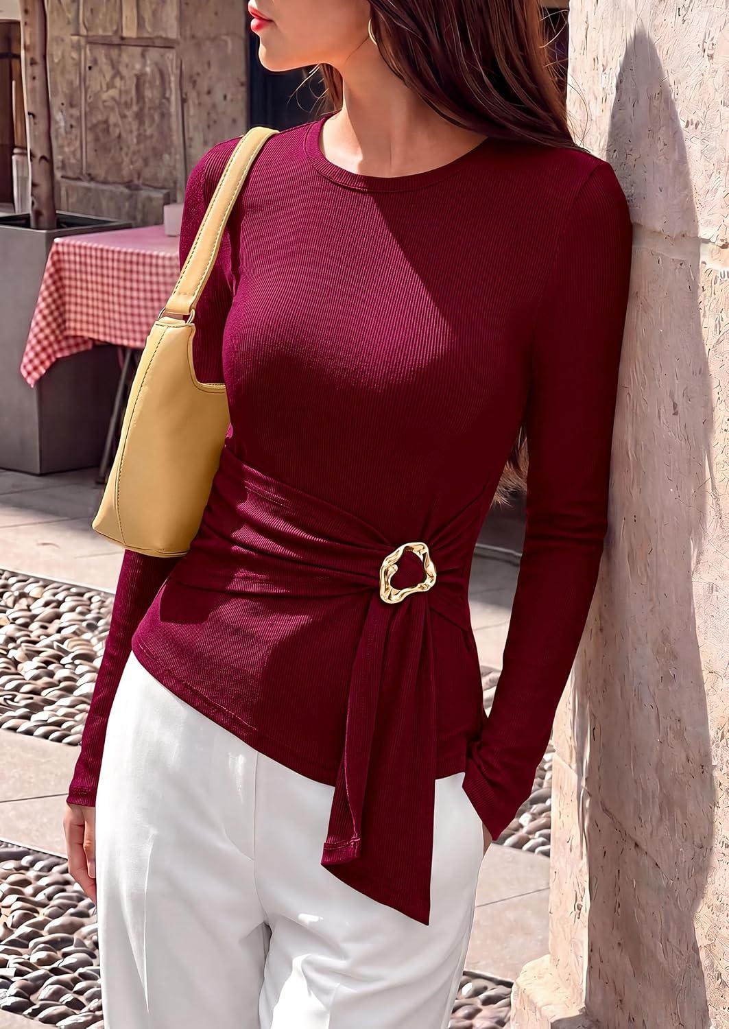 image:imagePRETTYGARDEN Long Sleeve Shirts for Women Asymmetricall Tops Dressy Casual Blouses Slim Fit Waist Tie Ruched Top Soft Stretchy Going Out Work Office Outfit 2026 Fall Fashion ClothesBurgundy