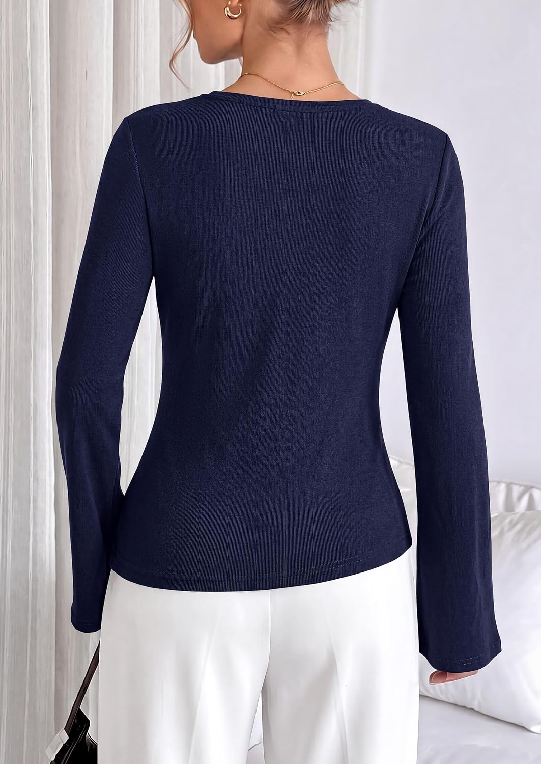 image:imagePRETTYGARDEN Long Sleeve Shirts for Women Asymmetricall Tops Dressy Casual Blouses Slim Fit Waist Tie Ruched Top Soft Stretchy Going Out Work Office Outfit 2026 Fall Fashion ClothesNavy Blue