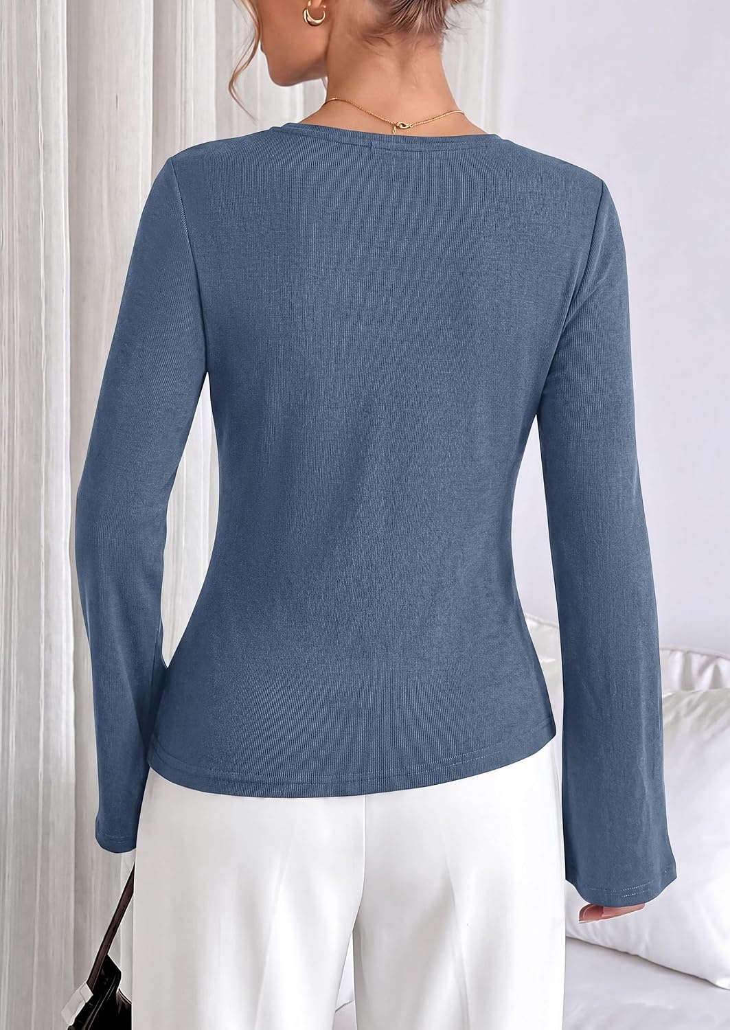 image:imagePRETTYGARDEN Long Sleeve Shirts for Women Asymmetricall Tops Dressy Casual Blouses Slim Fit Waist Tie Ruched Top Soft Stretchy Going Out Work Office Outfit 2026 Fall Fashion ClothesGrey Blue