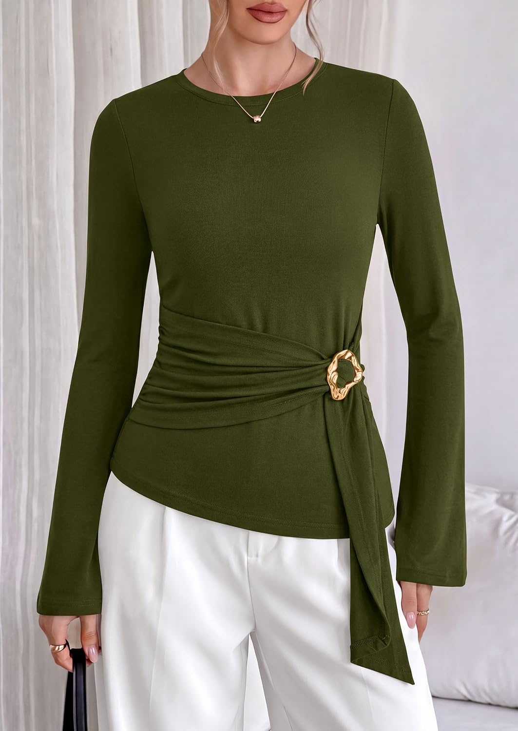 image:imagePRETTYGARDEN Long Sleeve Shirts for Women Asymmetricall Tops Dressy Casual Blouses Slim Fit Waist Tie Ruched Top Soft Stretchy Going Out Work Office Outfit 2026 Fall Fashion ClothesArmy Green