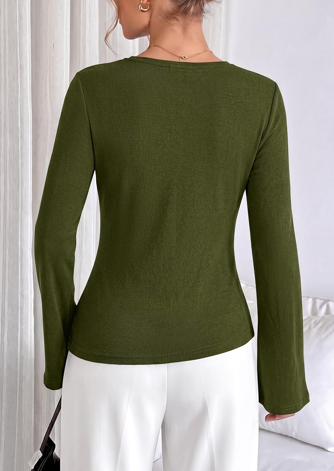 image:imagePRETTYGARDEN Long Sleeve Shirts for Women Asymmetricall Tops Dressy Casual Blouses Slim Fit Waist Tie Ruched Top Soft Stretchy Going Out Work Office Outfit 2026 Fall Fashion ClothesArmy Green