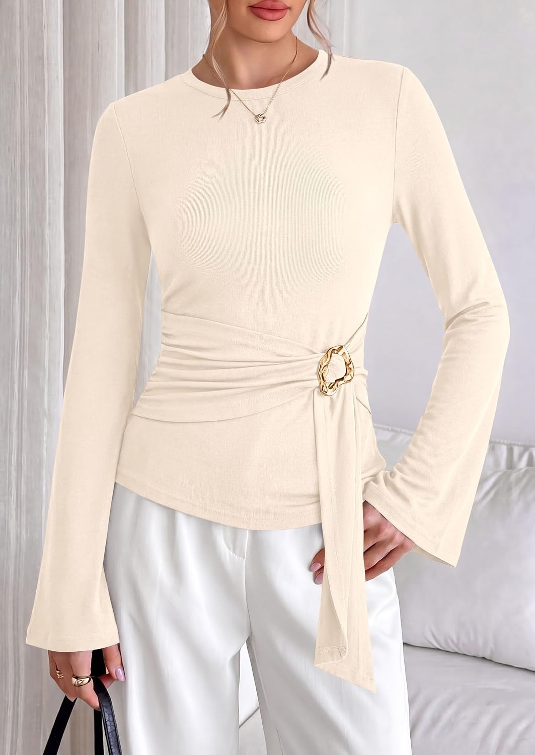 image:imagePRETTYGARDEN Long Sleeve Shirts for Women Asymmetricall Tops Dressy Casual Blouses Slim Fit Waist Tie Ruched Top Soft Stretchy Going Out Work Office Outfit 2026 Fall Fashion ClothesBeige