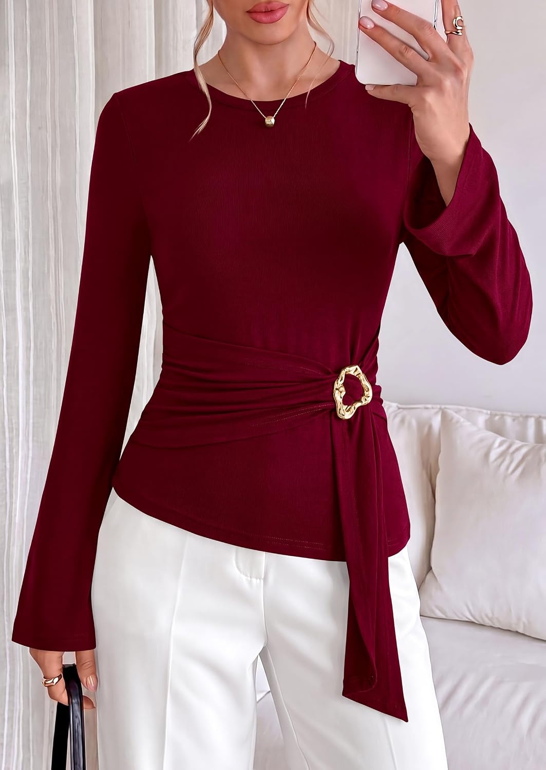 image:imagePRETTYGARDEN Long Sleeve Shirts for Women Asymmetricall Tops Dressy Casual Blouses Slim Fit Waist Tie Ruched Top Soft Stretchy Going Out Work Office Outfit 2026 Fall Fashion ClothesBurgundy