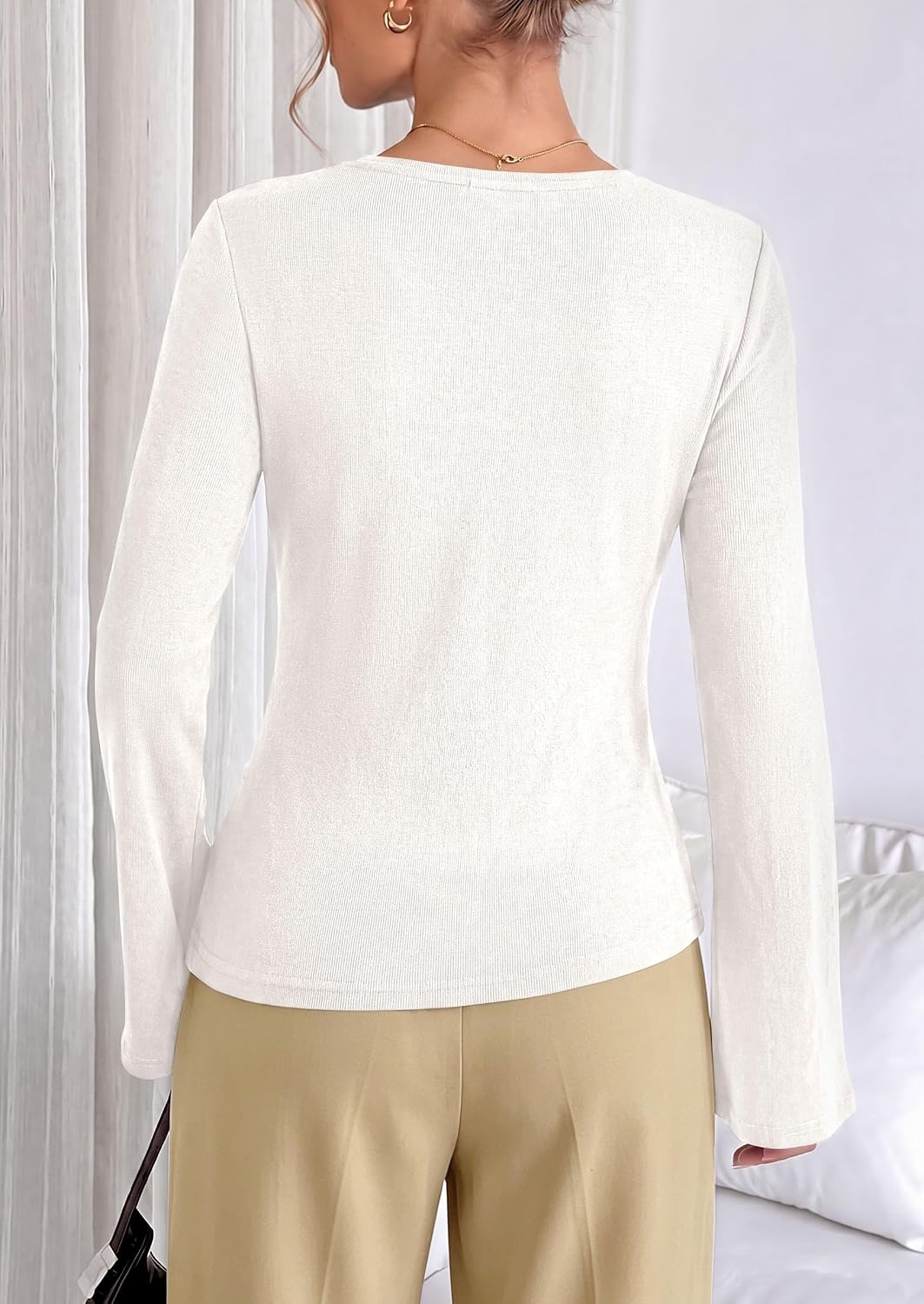 image:imagePRETTYGARDEN Long Sleeve Shirts for Women Asymmetricall Tops Dressy Casual Blouses Slim Fit Waist Tie Ruched Top Soft Stretchy Going Out Work Office Outfit 2026 Fall Fashion ClothesWhite