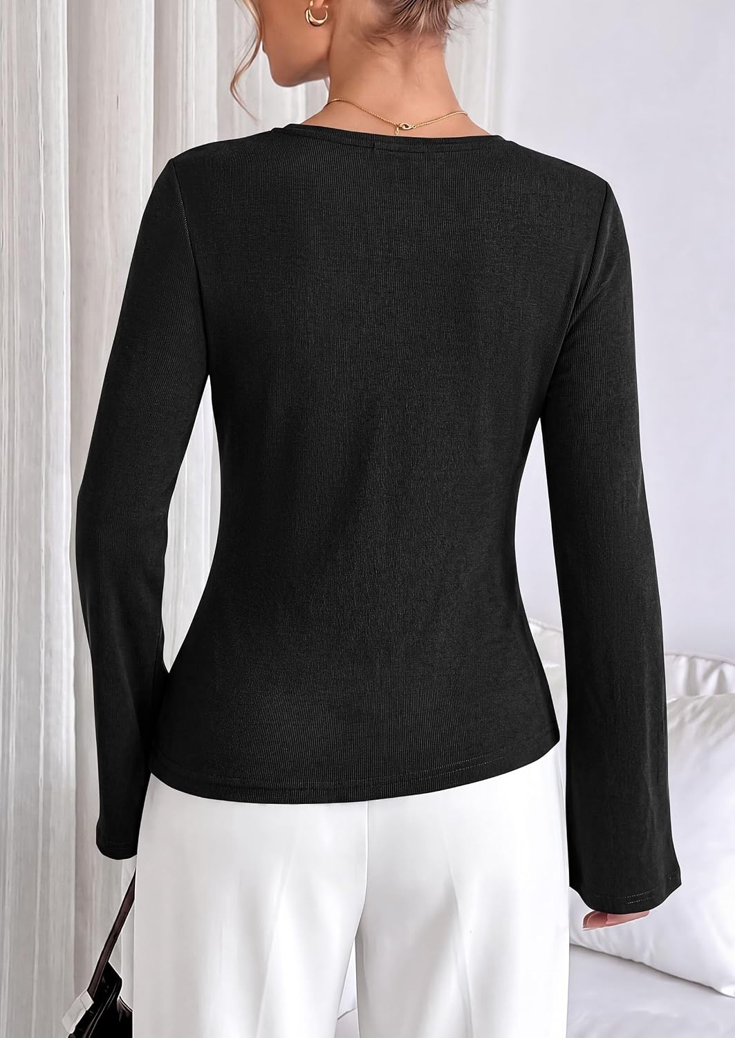 image:imagePRETTYGARDEN Long Sleeve Shirts for Women Asymmetricall Tops Dressy Casual Blouses Slim Fit Waist Tie Ruched Top Soft Stretchy Going Out Work Office Outfit 2026 Fall Fashion ClothesBlack