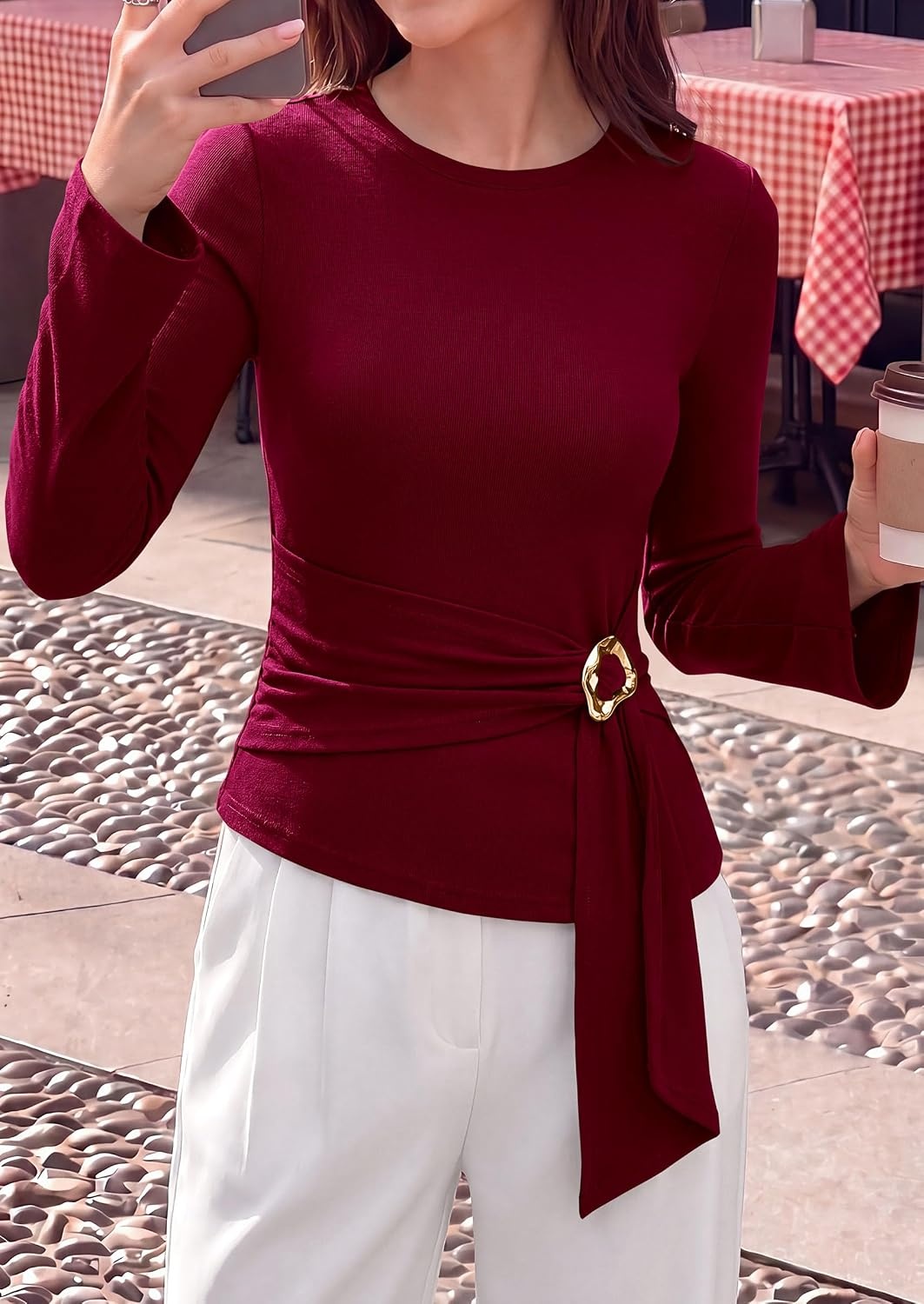 image:imagePRETTYGARDEN Long Sleeve Shirts for Women Asymmetricall Tops Dressy Casual Blouses Slim Fit Waist Tie Ruched Top Soft Stretchy Going Out Work Office Outfit 2026 Fall Fashion ClothesBurgundy