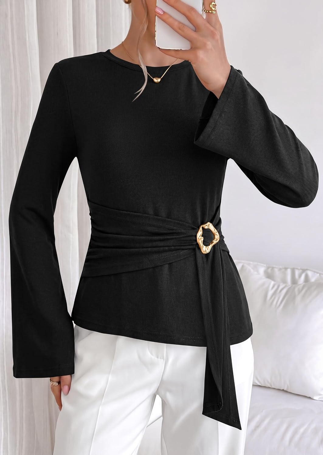 image:imagePRETTYGARDEN Long Sleeve Shirts for Women Asymmetricall Tops Dressy Casual Blouses Slim Fit Waist Tie Ruched Top Soft Stretchy Going Out Work Office Outfit 2026 Fall Fashion ClothesBlack