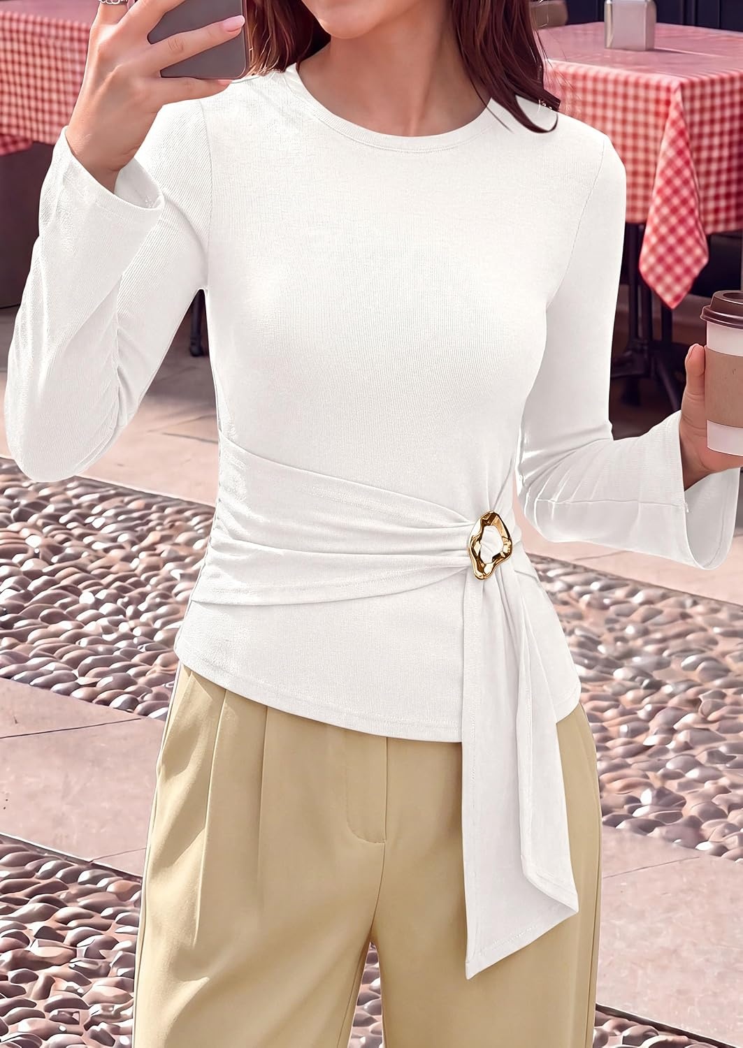 image:imagePRETTYGARDEN Long Sleeve Shirts for Women Asymmetricall Tops Dressy Casual Blouses Slim Fit Waist Tie Ruched Top Soft Stretchy Going Out Work Office Outfit 2026 Fall Fashion ClothesWhite