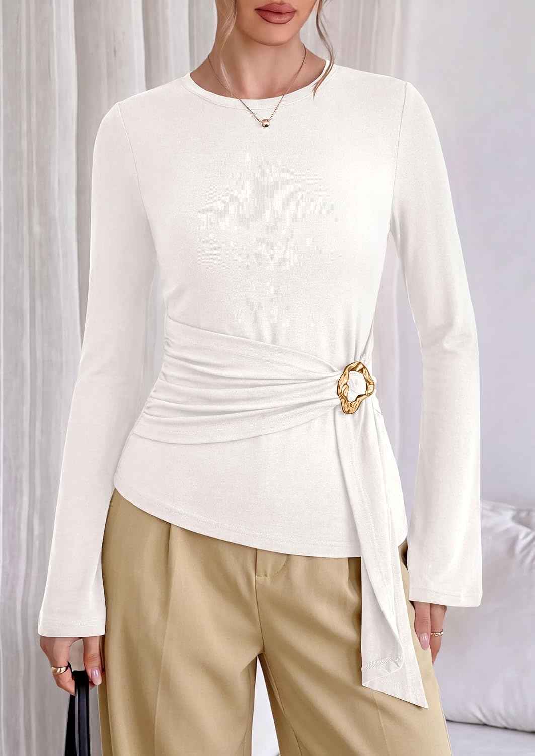 image:imagePRETTYGARDEN Long Sleeve Shirts for Women Asymmetricall Tops Dressy Casual Blouses Slim Fit Waist Tie Ruched Top Soft Stretchy Going Out Work Office Outfit 2026 Fall Fashion ClothesWhite