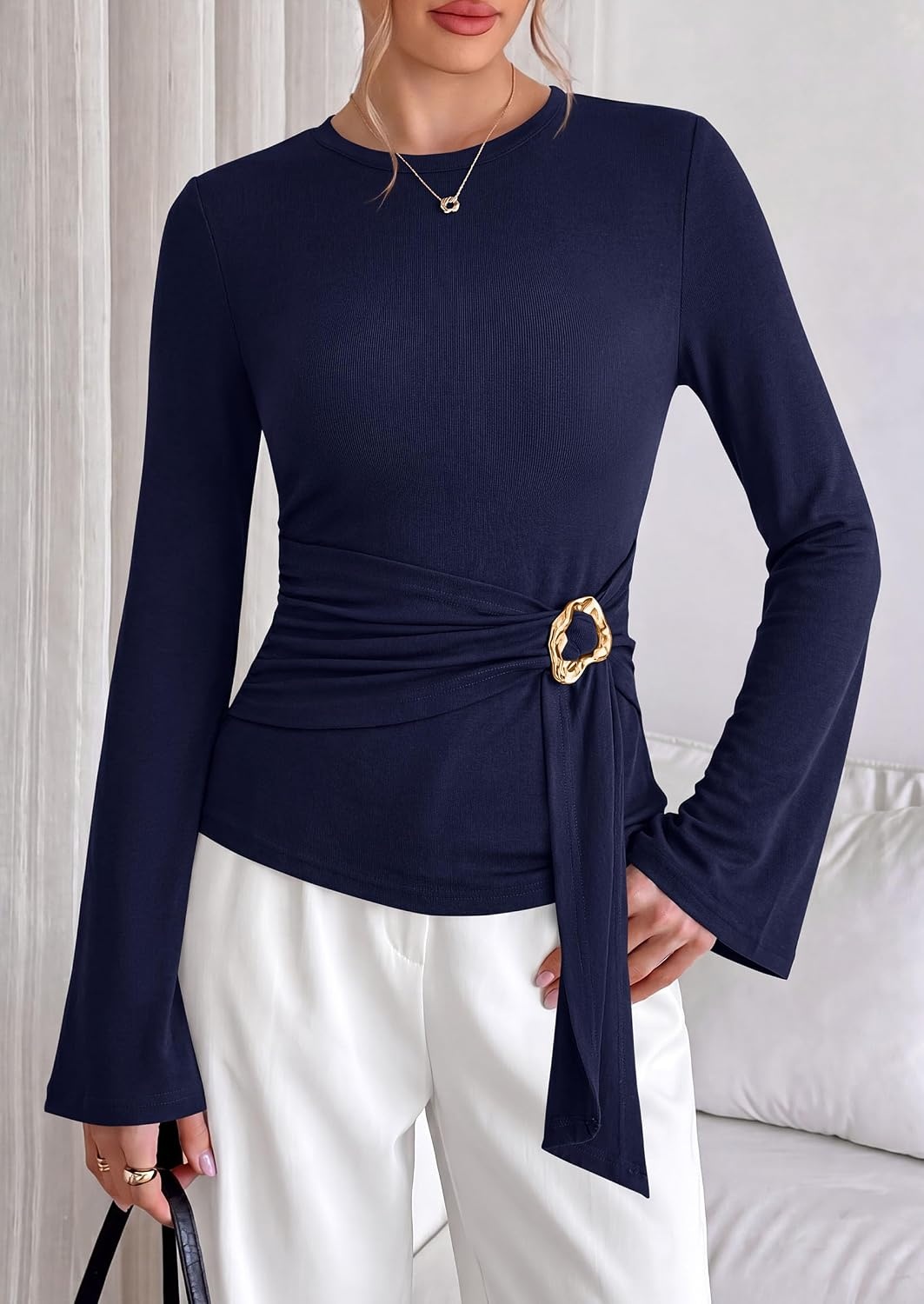 image:imagePRETTYGARDEN Long Sleeve Shirts for Women Asymmetricall Tops Dressy Casual Blouses Slim Fit Waist Tie Ruched Top Soft Stretchy Going Out Work Office Outfit 2026 Fall Fashion ClothesNavy Blue