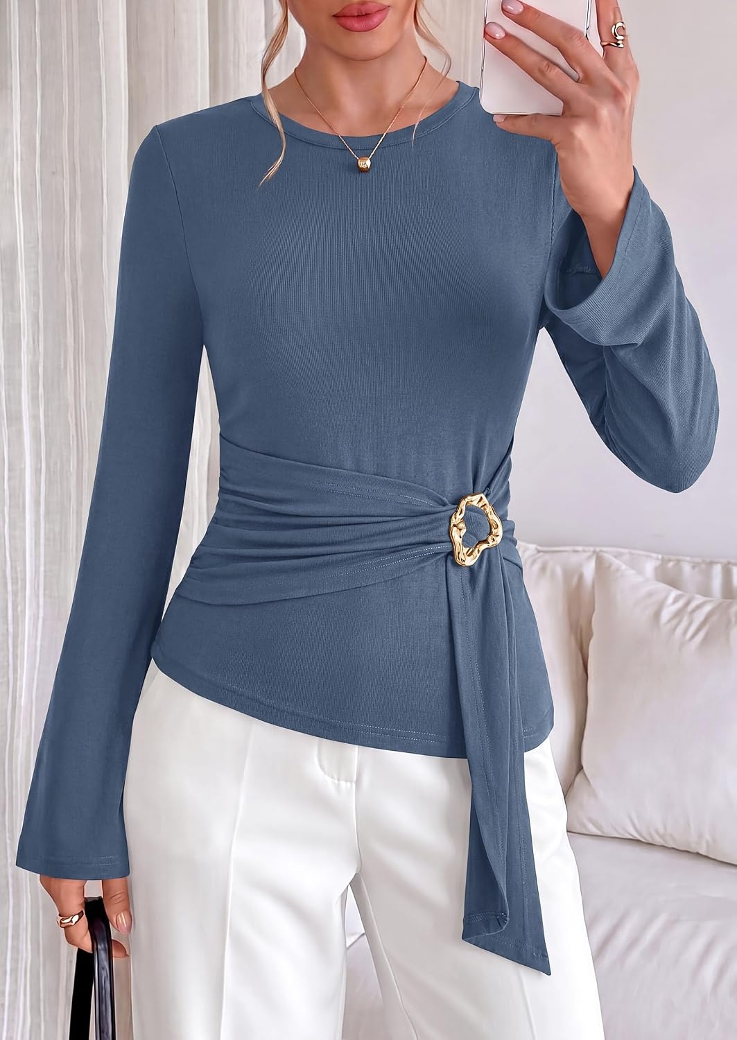 image:imagePRETTYGARDEN Long Sleeve Shirts for Women Asymmetricall Tops Dressy Casual Blouses Slim Fit Waist Tie Ruched Top Soft Stretchy Going Out Work Office Outfit 2026 Fall Fashion ClothesGrey Blue