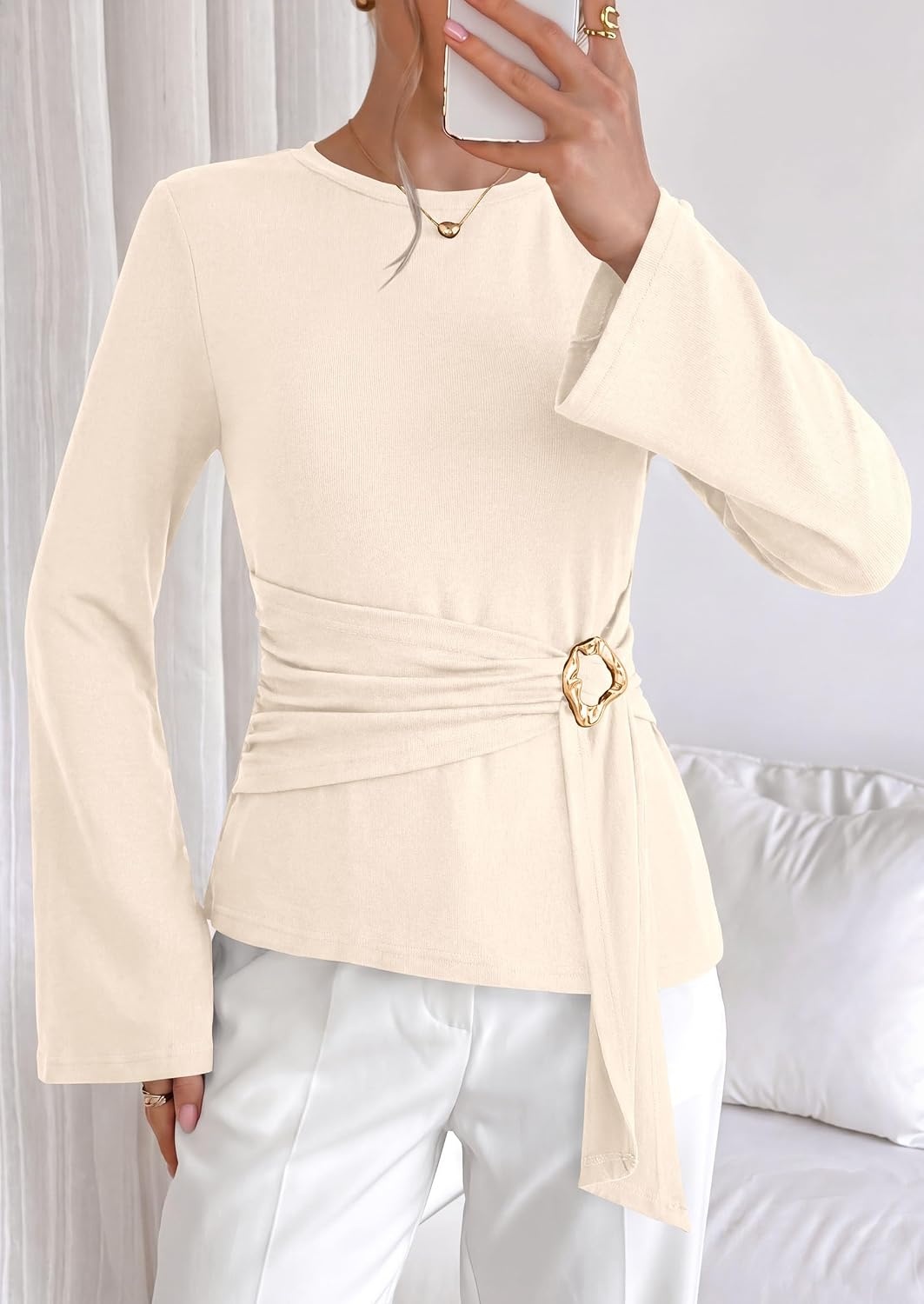 image:imagePRETTYGARDEN Long Sleeve Shirts for Women Asymmetricall Tops Dressy Casual Blouses Slim Fit Waist Tie Ruched Top Soft Stretchy Going Out Work Office Outfit 2026 Fall Fashion ClothesBeige