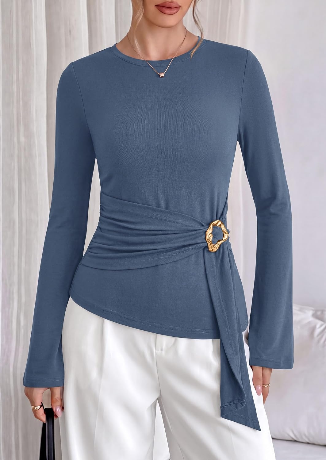 image:imagePRETTYGARDEN Long Sleeve Shirts for Women Asymmetricall Tops Dressy Casual Blouses Slim Fit Waist Tie Ruched Top Soft Stretchy Going Out Work Office Outfit 2026 Fall Fashion ClothesGrey Blue