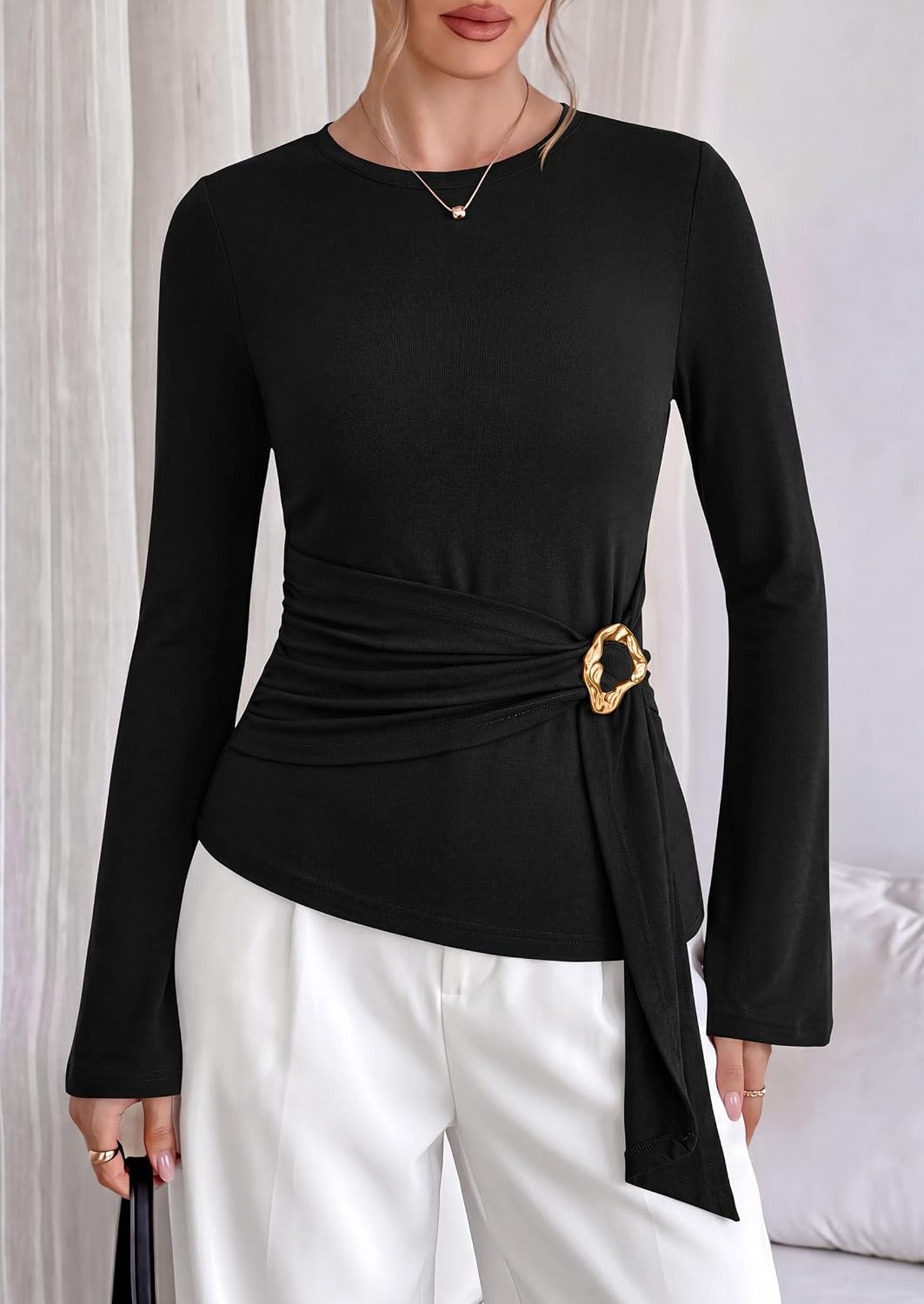 image:imagePRETTYGARDEN Long Sleeve Shirts for Women Asymmetricall Tops Dressy Casual Blouses Slim Fit Waist Tie Ruched Top Soft Stretchy Going Out Work Office Outfit 2026 Fall Fashion ClothesBlack