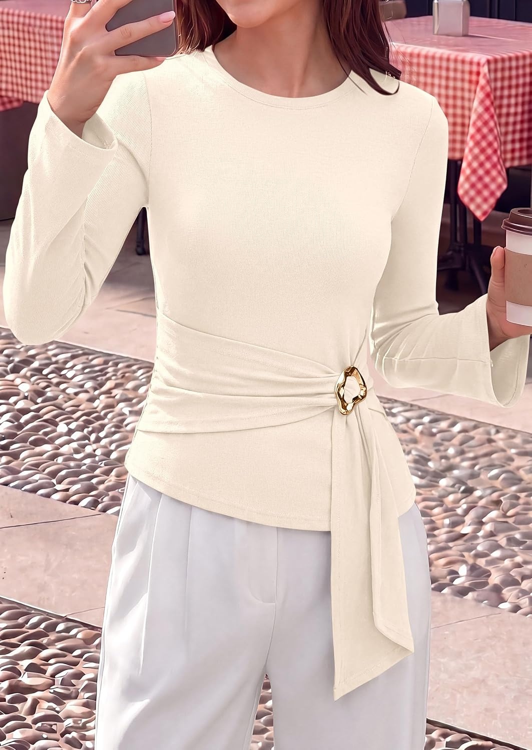 image:imagePRETTYGARDEN Long Sleeve Shirts for Women Asymmetricall Tops Dressy Casual Blouses Slim Fit Waist Tie Ruched Top Soft Stretchy Going Out Work Office Outfit 2026 Fall Fashion ClothesBeige