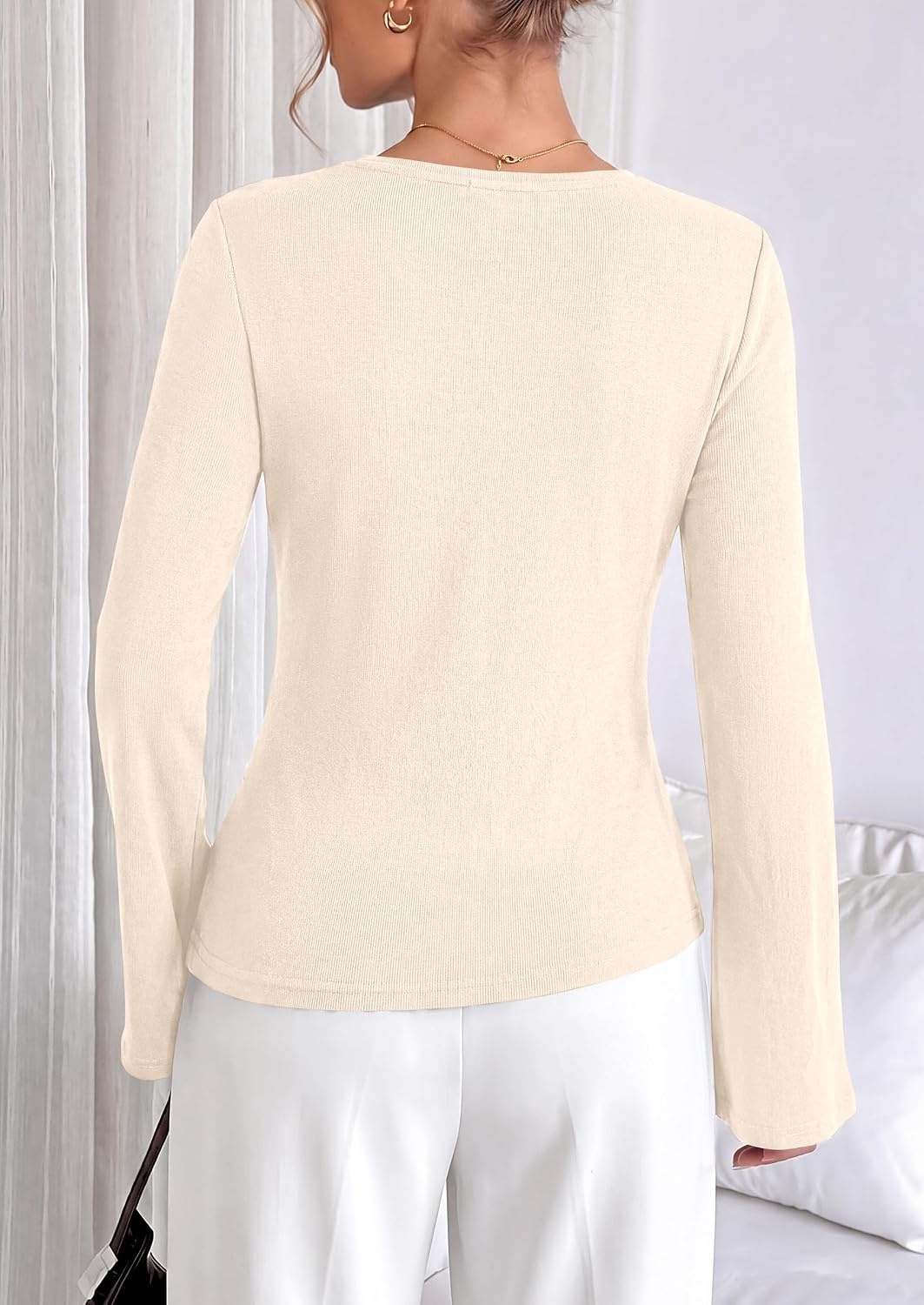 image:imagePRETTYGARDEN Long Sleeve Shirts for Women Asymmetricall Tops Dressy Casual Blouses Slim Fit Waist Tie Ruched Top Soft Stretchy Going Out Work Office Outfit 2026 Fall Fashion ClothesBeige
