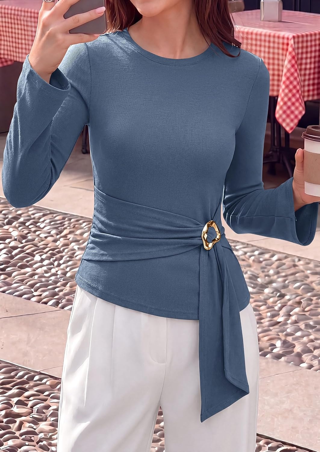image:imagePRETTYGARDEN Long Sleeve Shirts for Women Asymmetricall Tops Dressy Casual Blouses Slim Fit Waist Tie Ruched Top Soft Stretchy Going Out Work Office Outfit 2026 Fall Fashion ClothesGrey Blue