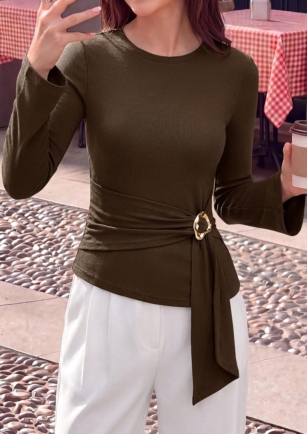 image:imagePRETTYGARDEN Long Sleeve Shirts for Women Asymmetricall Tops Dressy Casual Blouses Slim Fit Waist Tie Ruched Top Soft Stretchy Going Out Work Office Outfit 2026 Fall Fashion ClothesBrown