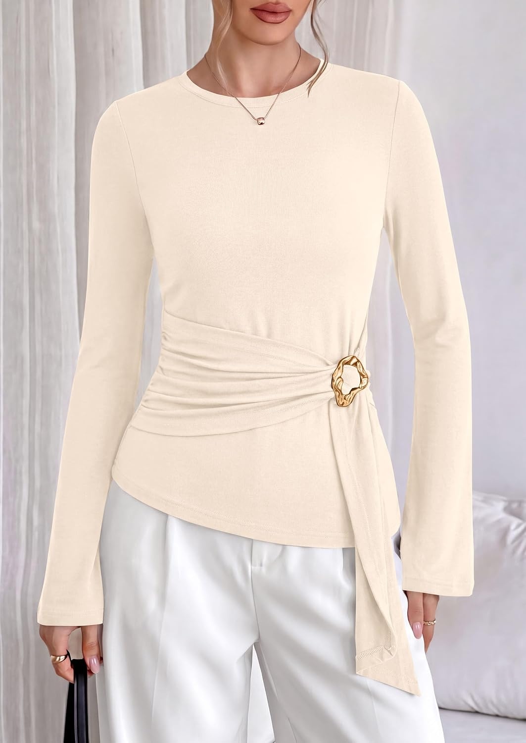 image:imagePRETTYGARDEN Long Sleeve Shirts for Women Asymmetricall Tops Dressy Casual Blouses Slim Fit Waist Tie Ruched Top Soft Stretchy Going Out Work Office Outfit 2026 Fall Fashion ClothesBeige