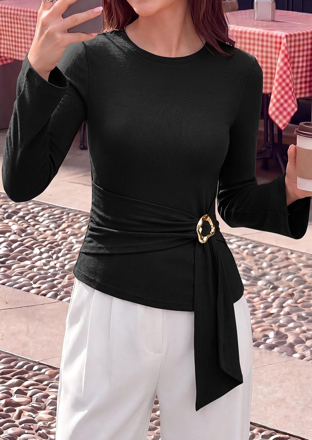 image:imagePRETTYGARDEN Long Sleeve Shirts for Women Asymmetricall Tops Dressy Casual Blouses Slim Fit Waist Tie Ruched Top Soft Stretchy Going Out Work Office Outfit 2026 Fall Fashion ClothesBlack
