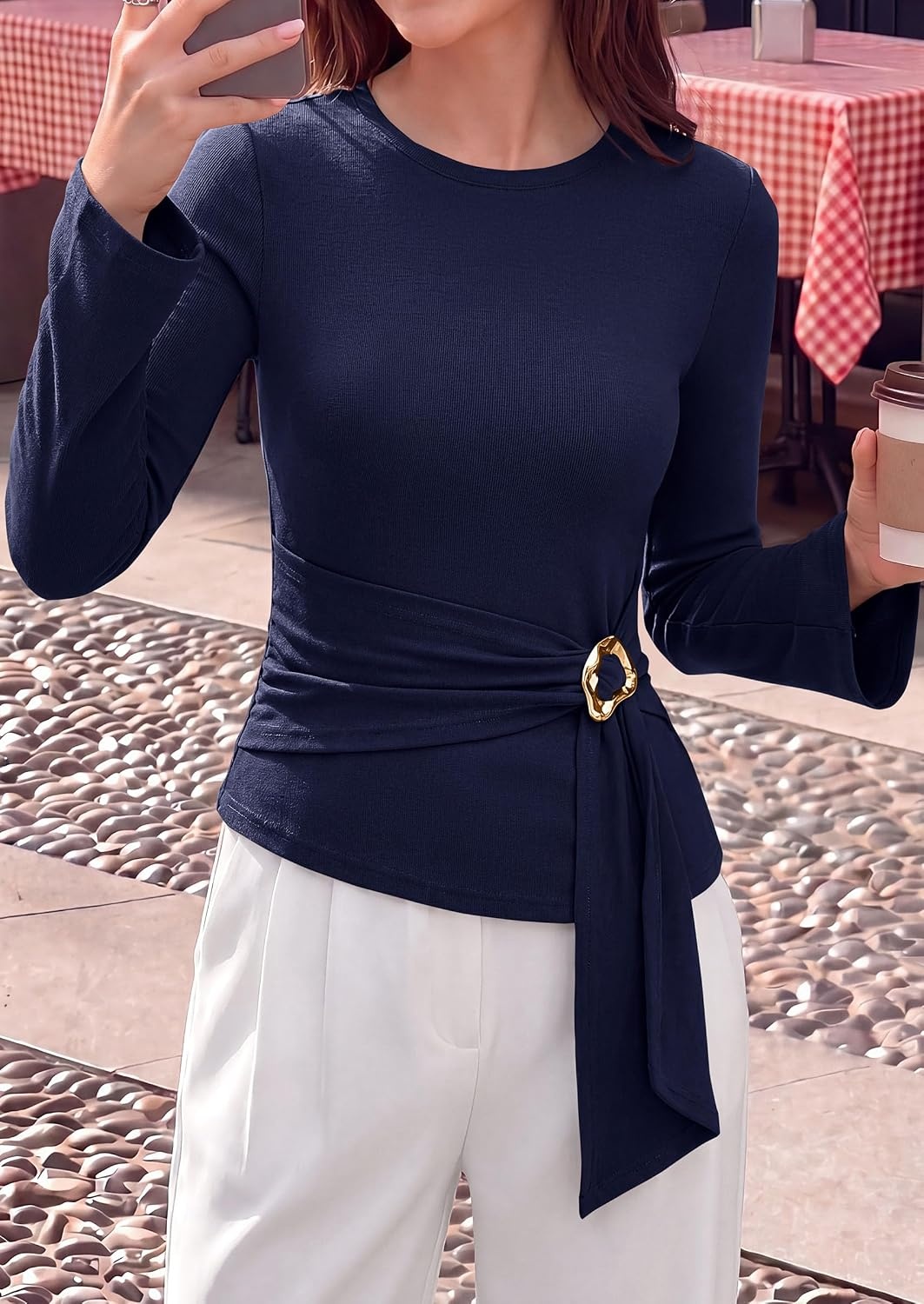 image:imagePRETTYGARDEN Long Sleeve Shirts for Women Asymmetricall Tops Dressy Casual Blouses Slim Fit Waist Tie Ruched Top Soft Stretchy Going Out Work Office Outfit 2026 Fall Fashion ClothesNavy Blue