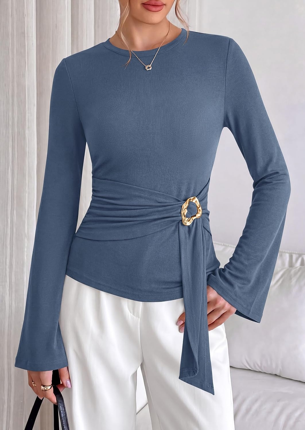 image:imagePRETTYGARDEN Long Sleeve Shirts for Women Asymmetricall Tops Dressy Casual Blouses Slim Fit Waist Tie Ruched Top Soft Stretchy Going Out Work Office Outfit 2026 Fall Fashion ClothesGrey Blue