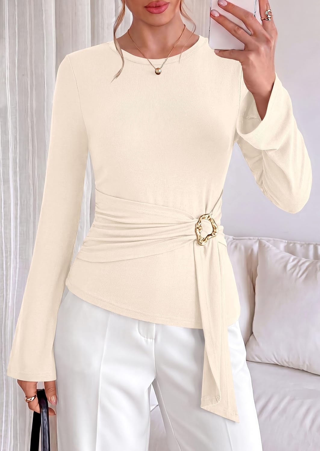 image:imagePRETTYGARDEN Long Sleeve Shirts for Women Asymmetricall Tops Dressy Casual Blouses Slim Fit Waist Tie Ruched Top Soft Stretchy Going Out Work Office Outfit 2026 Fall Fashion ClothesBeige