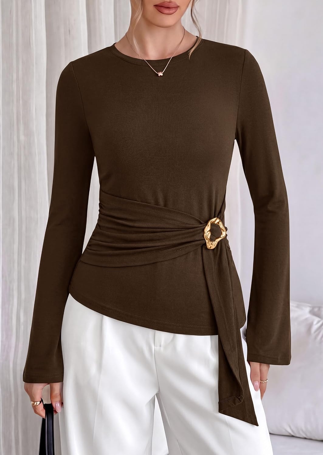 image:imagePRETTYGARDEN Long Sleeve Shirts for Women Asymmetricall Tops Dressy Casual Blouses Slim Fit Waist Tie Ruched Top Soft Stretchy Going Out Work Office Outfit 2026 Fall Fashion ClothesBrown