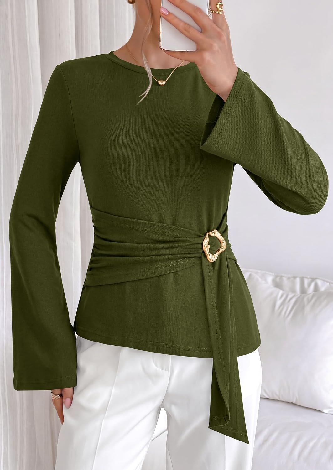 image:imagePRETTYGARDEN Long Sleeve Shirts for Women Asymmetricall Tops Dressy Casual Blouses Slim Fit Waist Tie Ruched Top Soft Stretchy Going Out Work Office Outfit 2026 Fall Fashion ClothesArmy Green