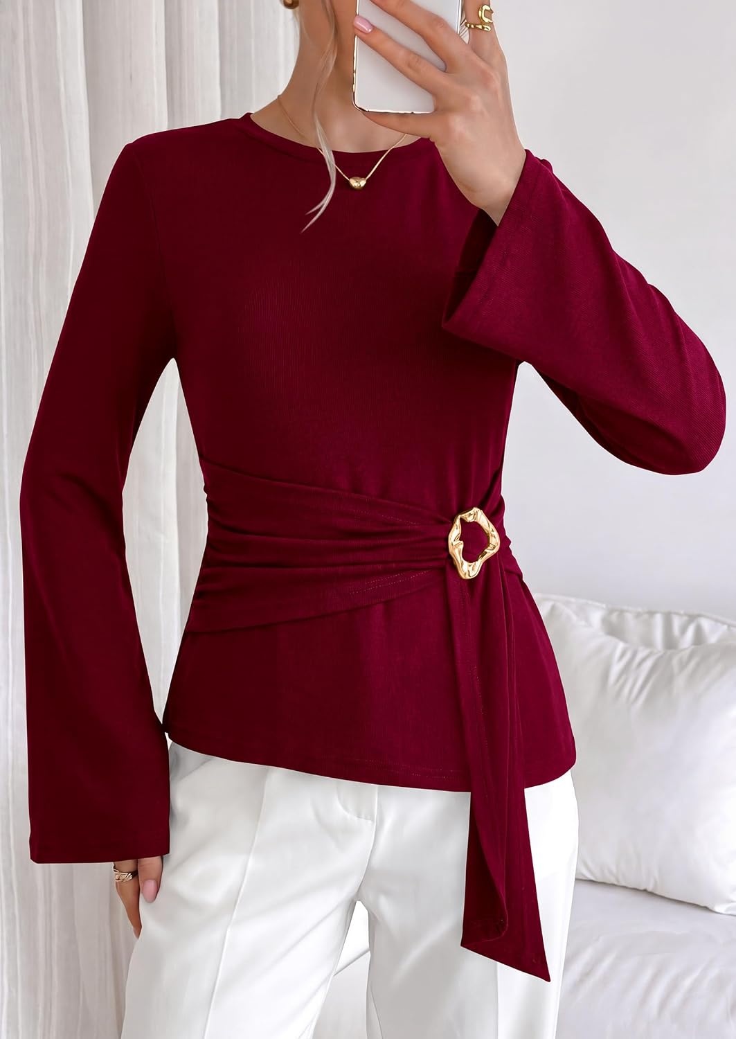 image:imagePRETTYGARDEN Long Sleeve Shirts for Women Asymmetricall Tops Dressy Casual Blouses Slim Fit Waist Tie Ruched Top Soft Stretchy Going Out Work Office Outfit 2026 Fall Fashion ClothesBurgundy