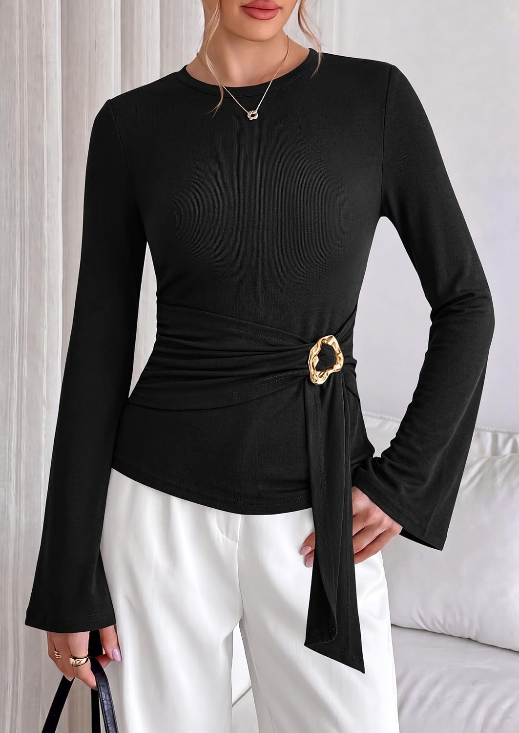 image:imagePRETTYGARDEN Long Sleeve Shirts for Women Asymmetricall Tops Dressy Casual Blouses Slim Fit Waist Tie Ruched Top Soft Stretchy Going Out Work Office Outfit 2026 Fall Fashion ClothesBlack