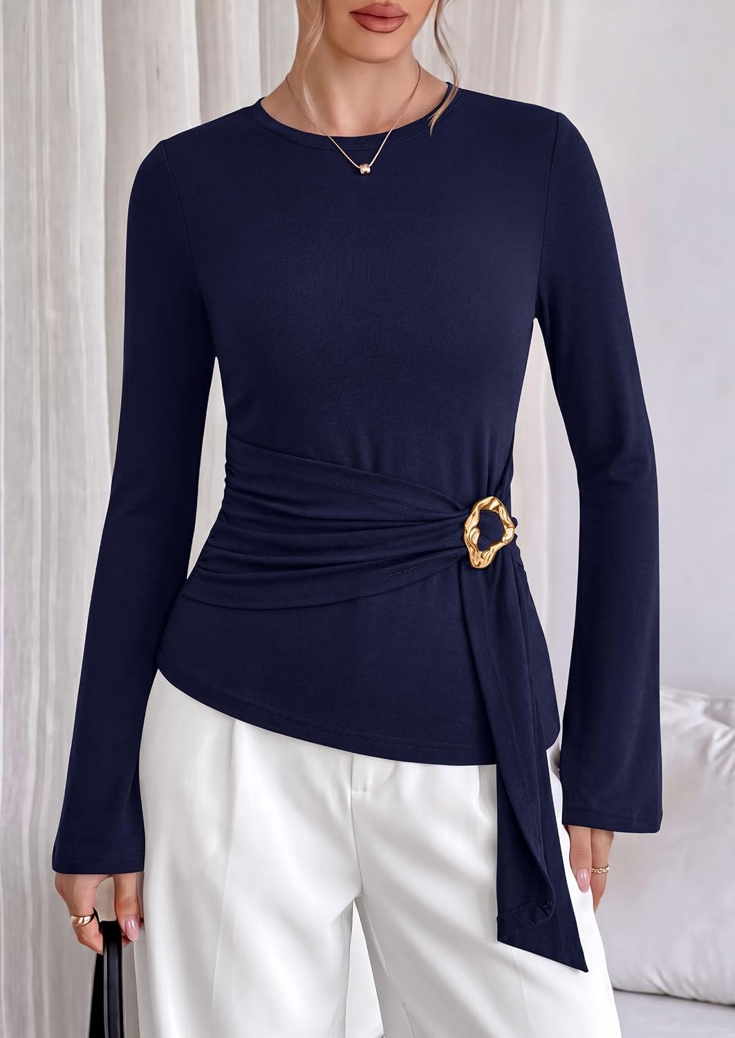 image:imagePRETTYGARDEN Long Sleeve Shirts for Women Asymmetricall Tops Dressy Casual Blouses Slim Fit Waist Tie Ruched Top Soft Stretchy Going Out Work Office Outfit 2026 Fall Fashion ClothesNavy Blue
