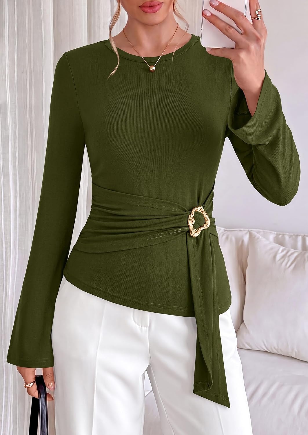 image:imagePRETTYGARDEN Long Sleeve Shirts for Women Asymmetricall Tops Dressy Casual Blouses Slim Fit Waist Tie Ruched Top Soft Stretchy Going Out Work Office Outfit 2026 Fall Fashion ClothesArmy Green