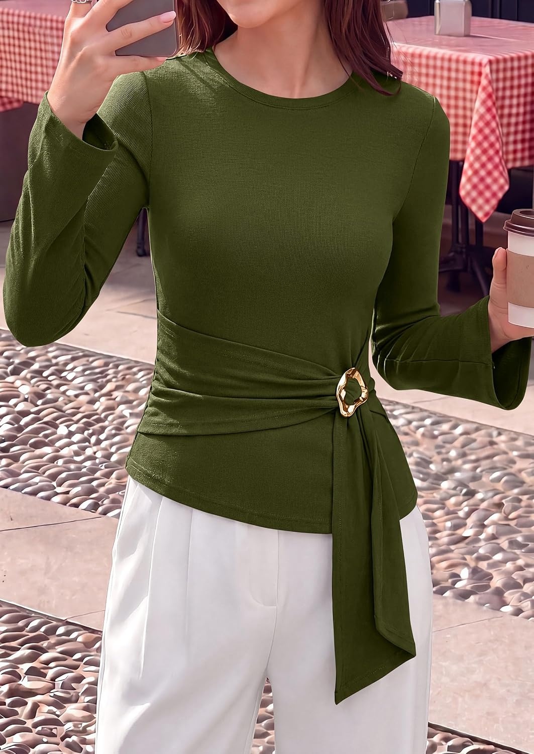 image:imagePRETTYGARDEN Long Sleeve Shirts for Women Asymmetricall Tops Dressy Casual Blouses Slim Fit Waist Tie Ruched Top Soft Stretchy Going Out Work Office Outfit 2026 Fall Fashion ClothesArmy Green