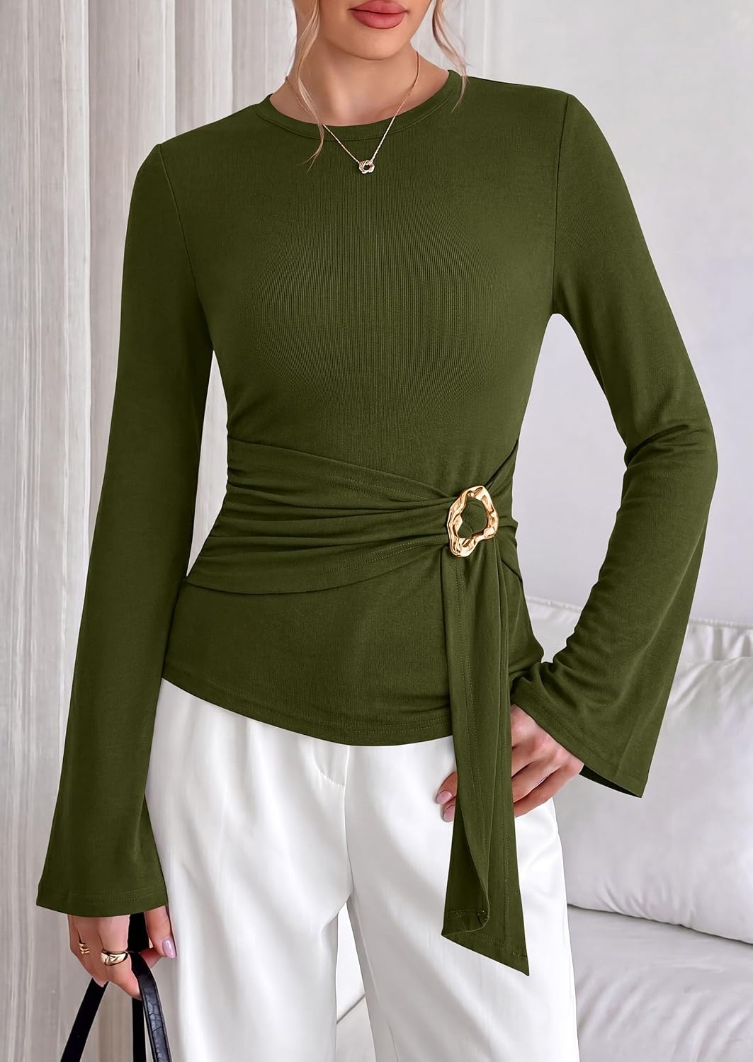 image:imagePRETTYGARDEN Long Sleeve Shirts for Women Asymmetricall Tops Dressy Casual Blouses Slim Fit Waist Tie Ruched Top Soft Stretchy Going Out Work Office Outfit 2026 Fall Fashion ClothesArmy Green