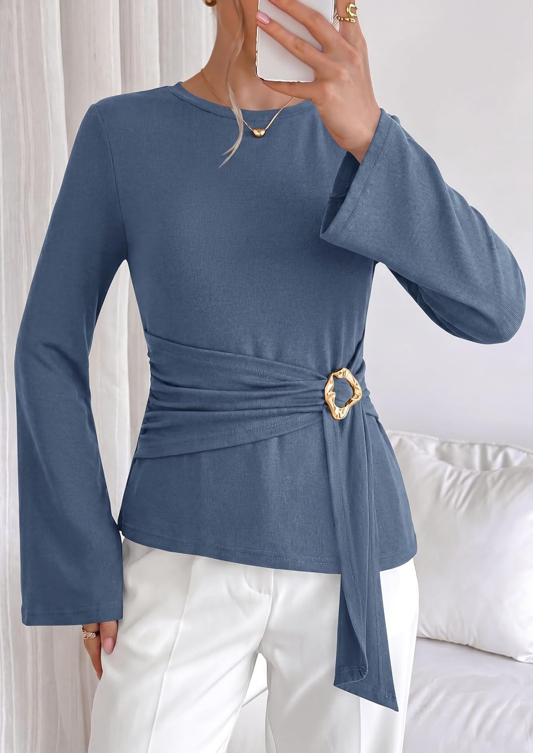 image:imagePRETTYGARDEN Long Sleeve Shirts for Women Asymmetricall Tops Dressy Casual Blouses Slim Fit Waist Tie Ruched Top Soft Stretchy Going Out Work Office Outfit 2026 Fall Fashion ClothesGrey Blue