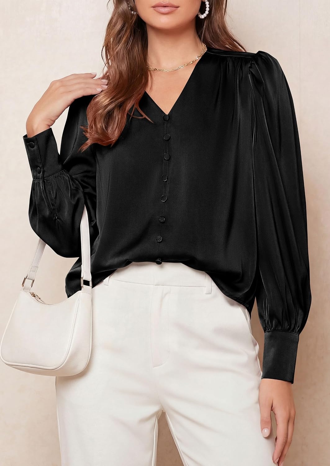 image:imagePRETTYGARDEN Satin Long Sleeve Womens Blouses Dressy Casual Glossy Smooth Silk FabricLantern Sleeve Fall TopsDecorative Button PulloverV Neck ShirtsOffice Work Business OutfitsBlack