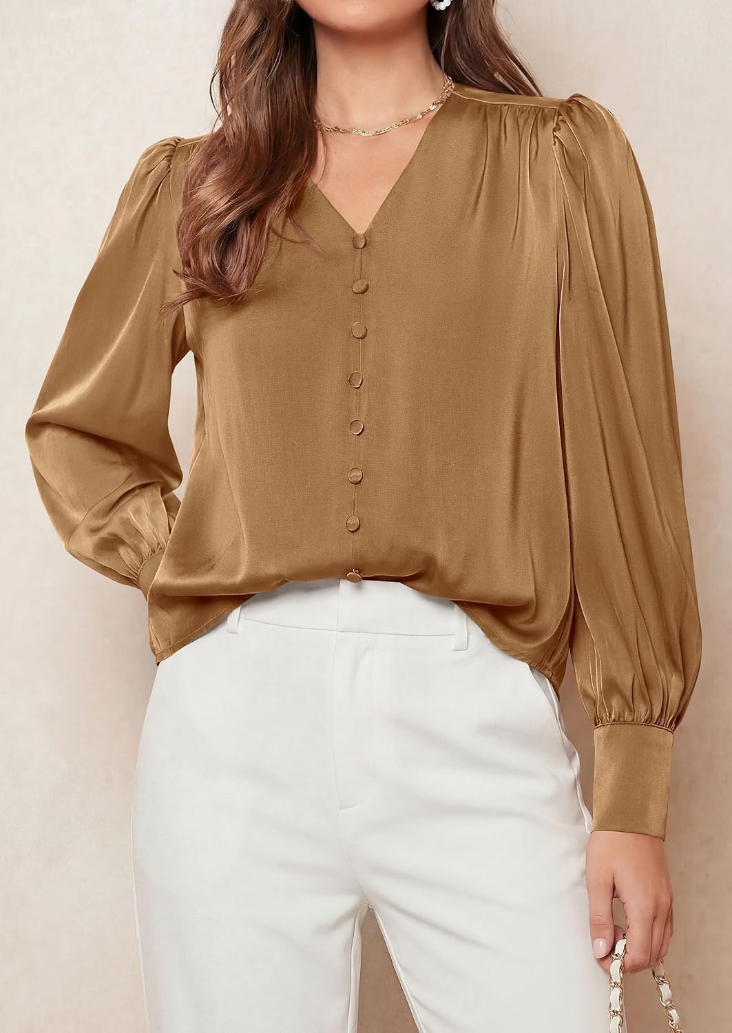 image:imagePRETTYGARDEN Satin Long Sleeve Womens Blouses Dressy Casual Glossy Smooth Silk FabricLantern Sleeve Fall TopsDecorative Button PulloverV Neck ShirtsOffice Work Business OutfitsKhaki