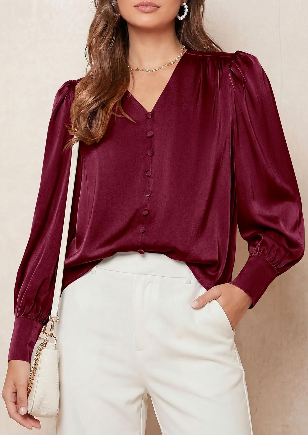 image:imagePRETTYGARDEN Satin Long Sleeve Womens Blouses Dressy Casual Glossy Smooth Silk FabricLantern Sleeve Fall TopsDecorative Button PulloverV Neck ShirtsOffice Work Business OutfitsWine Red