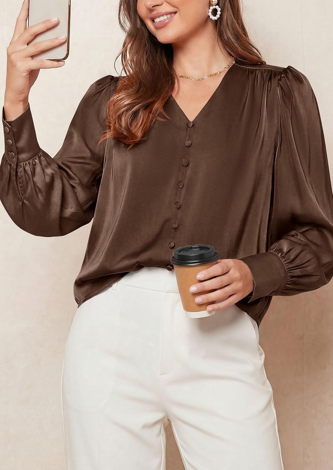 image:imagePRETTYGARDEN Satin Long Sleeve Womens Blouses Dressy Casual Glossy Smooth Silk FabricLantern Sleeve Fall TopsDecorative Button PulloverV Neck ShirtsOffice Work Business OutfitsBrown