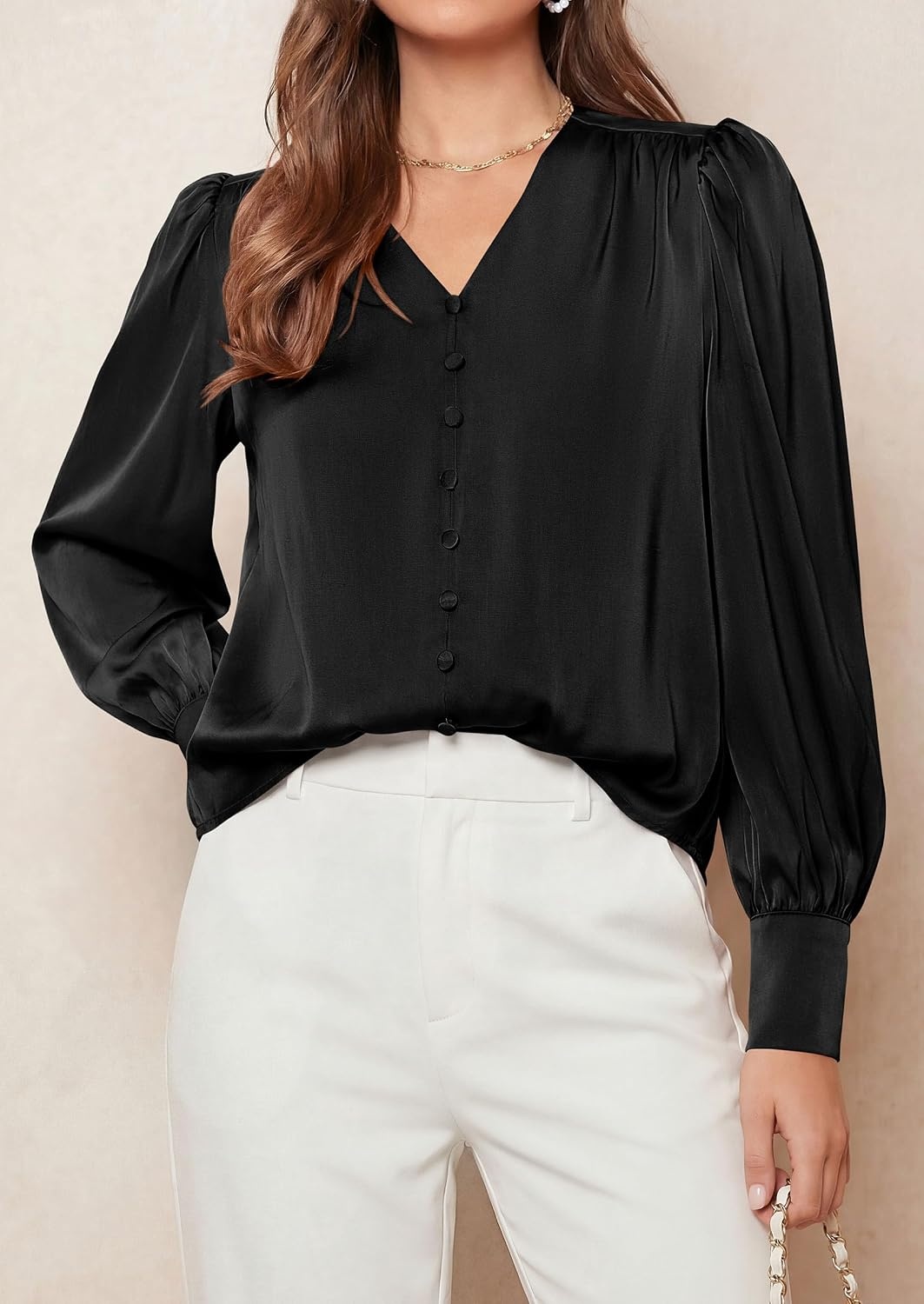 image:imagePRETTYGARDEN Satin Long Sleeve Womens Blouses Dressy Casual Glossy Smooth Silk FabricLantern Sleeve Fall TopsDecorative Button PulloverV Neck ShirtsOffice Work Business OutfitsBlack