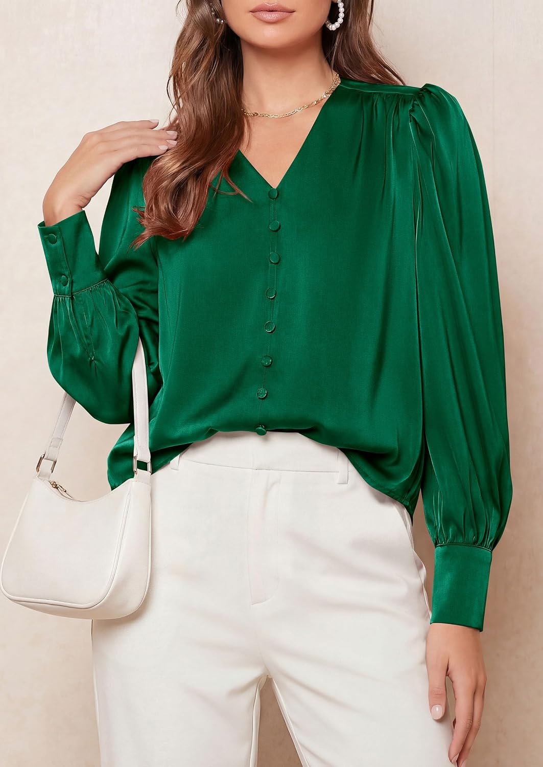 image:imagePRETTYGARDEN Satin Long Sleeve Womens Blouses Dressy Casual Glossy Smooth Silk FabricLantern Sleeve Fall TopsDecorative Button PulloverV Neck ShirtsOffice Work Business OutfitsGreen