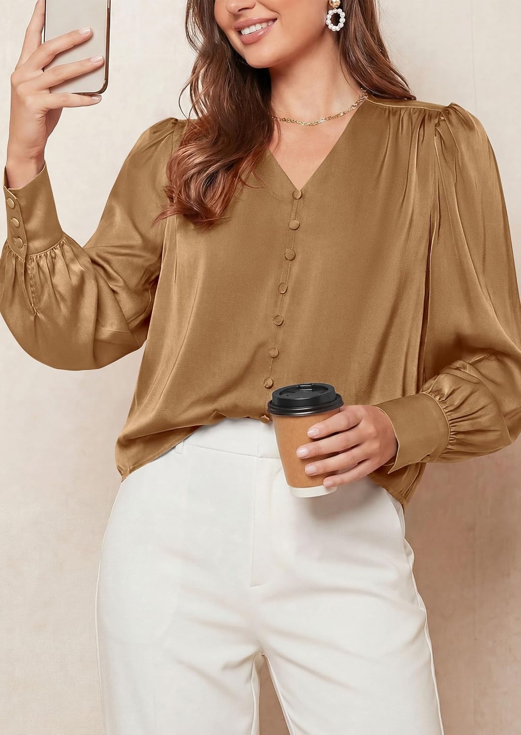 image:imagePRETTYGARDEN Satin Long Sleeve Womens Blouses Dressy Casual Glossy Smooth Silk FabricLantern Sleeve Fall TopsDecorative Button PulloverV Neck ShirtsOffice Work Business OutfitsKhaki