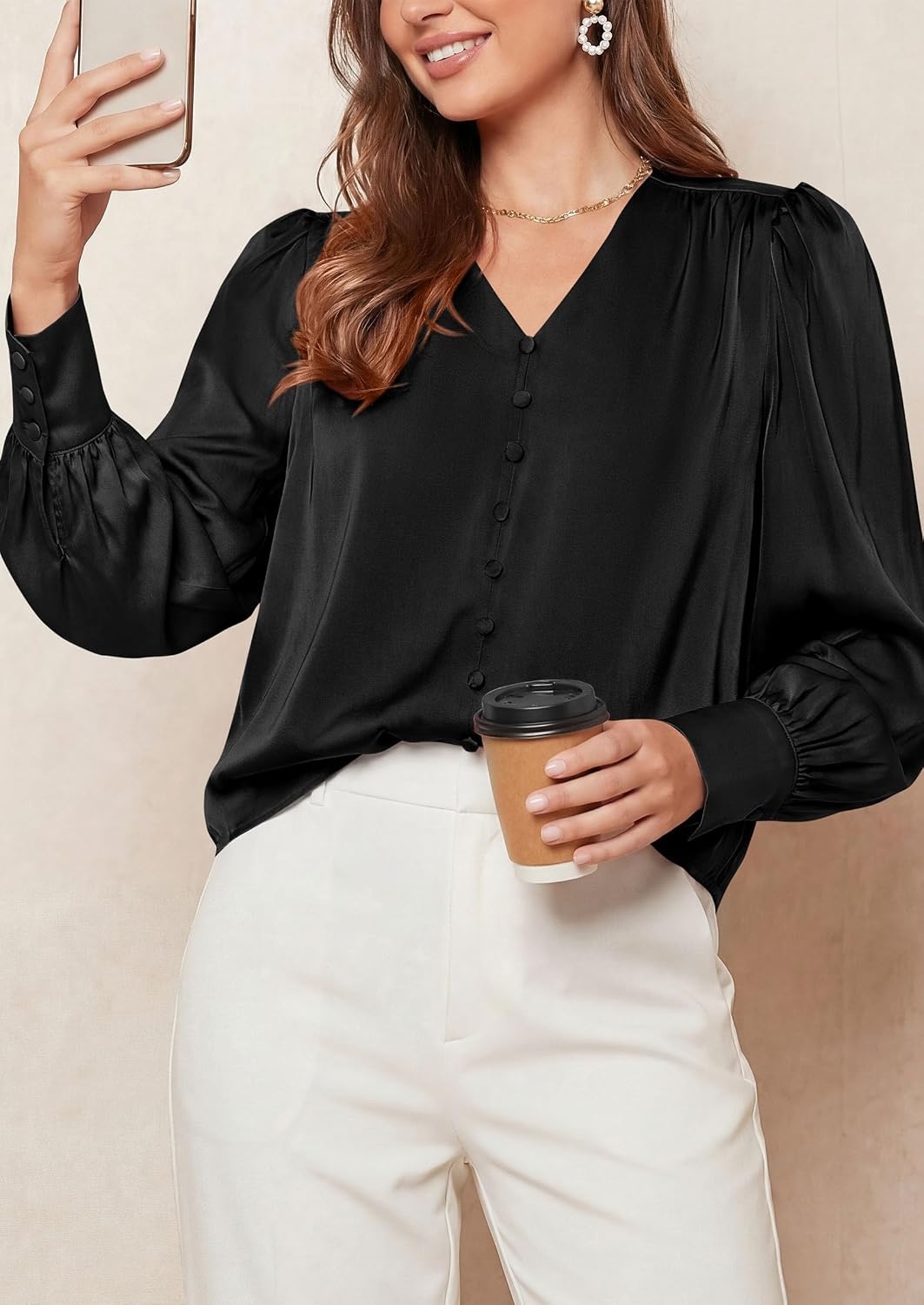 image:imagePRETTYGARDEN Satin Long Sleeve Womens Blouses Dressy Casual Glossy Smooth Silk FabricLantern Sleeve Fall TopsDecorative Button PulloverV Neck ShirtsOffice Work Business OutfitsBlack