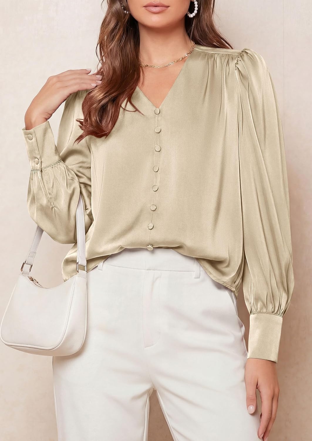 image:imagePRETTYGARDEN Satin Long Sleeve Womens Blouses Dressy Casual Glossy Smooth Silk FabricLantern Sleeve Fall TopsDecorative Button PulloverV Neck ShirtsOffice Work Business OutfitsBeige
