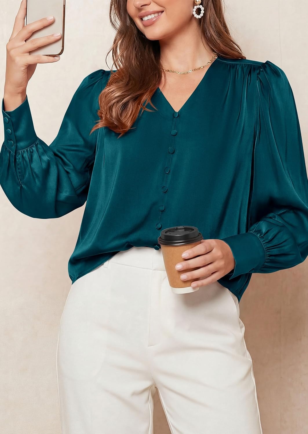 image:imagePRETTYGARDEN Satin Long Sleeve Womens Blouses Dressy Casual Glossy Smooth Silk FabricLantern Sleeve Fall TopsDecorative Button PulloverV Neck ShirtsOffice Work Business OutfitsDark Cyan